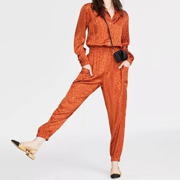 On 34th Satin Animal Print Jumpsuit Toasted Ginger Orange XS NWT - Picture 1 of 7
